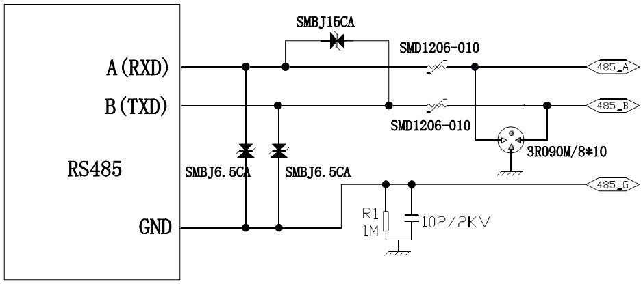 RS-485保護方案拓樸 圖一 RS-485保護方案拓樸 圖一